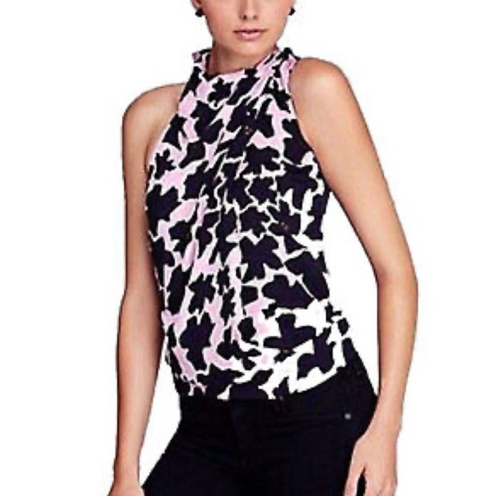 DVF bowman Dove silk abstract print tie mock neck halter top Xs
